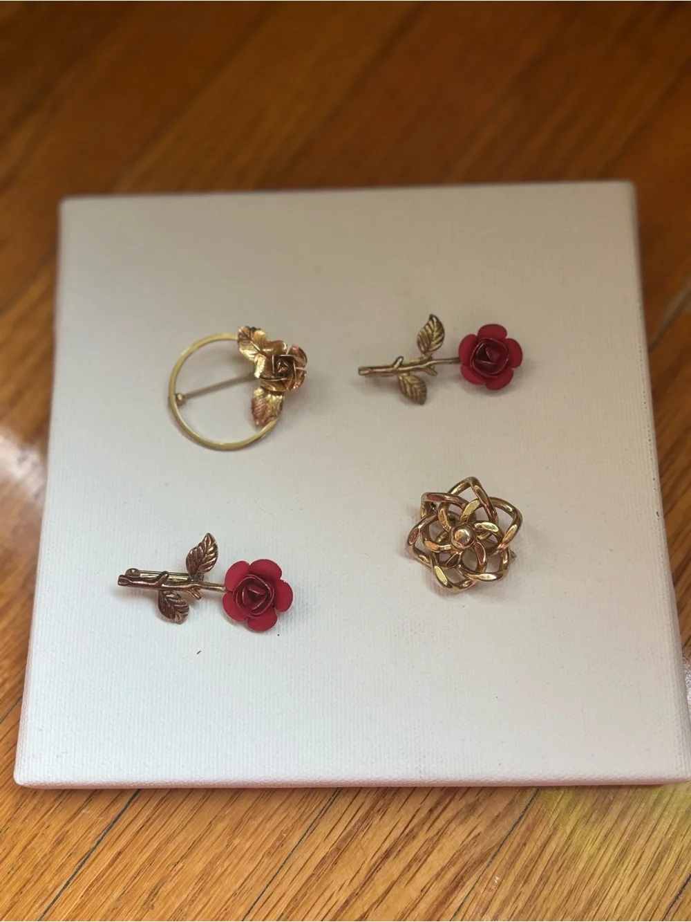 Gold & Red Rose Brooch Set - Women's Jewelry